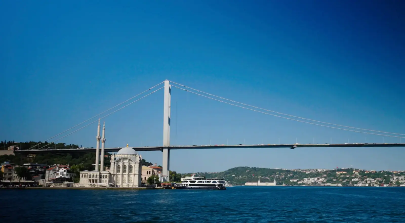 Ortaköy Mosque on the waterfront beneath the 15 July Martyrs Bridge
